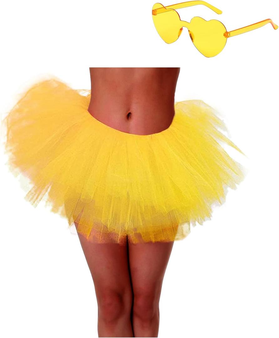 Tutu Skirt 5 Layered with Heart Sunglasses Tutus Tulle Ballet Tutu Skirts for Women & Girls Party Dance Dress (One Size-Small Short, Yellow)