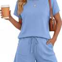 PRETTYGARDEN Two Piece Set for Women Summer Lounge Sets Shorts And Short Sleeve Tops Knitted Matching Travel Vacation Outfits (Medium)