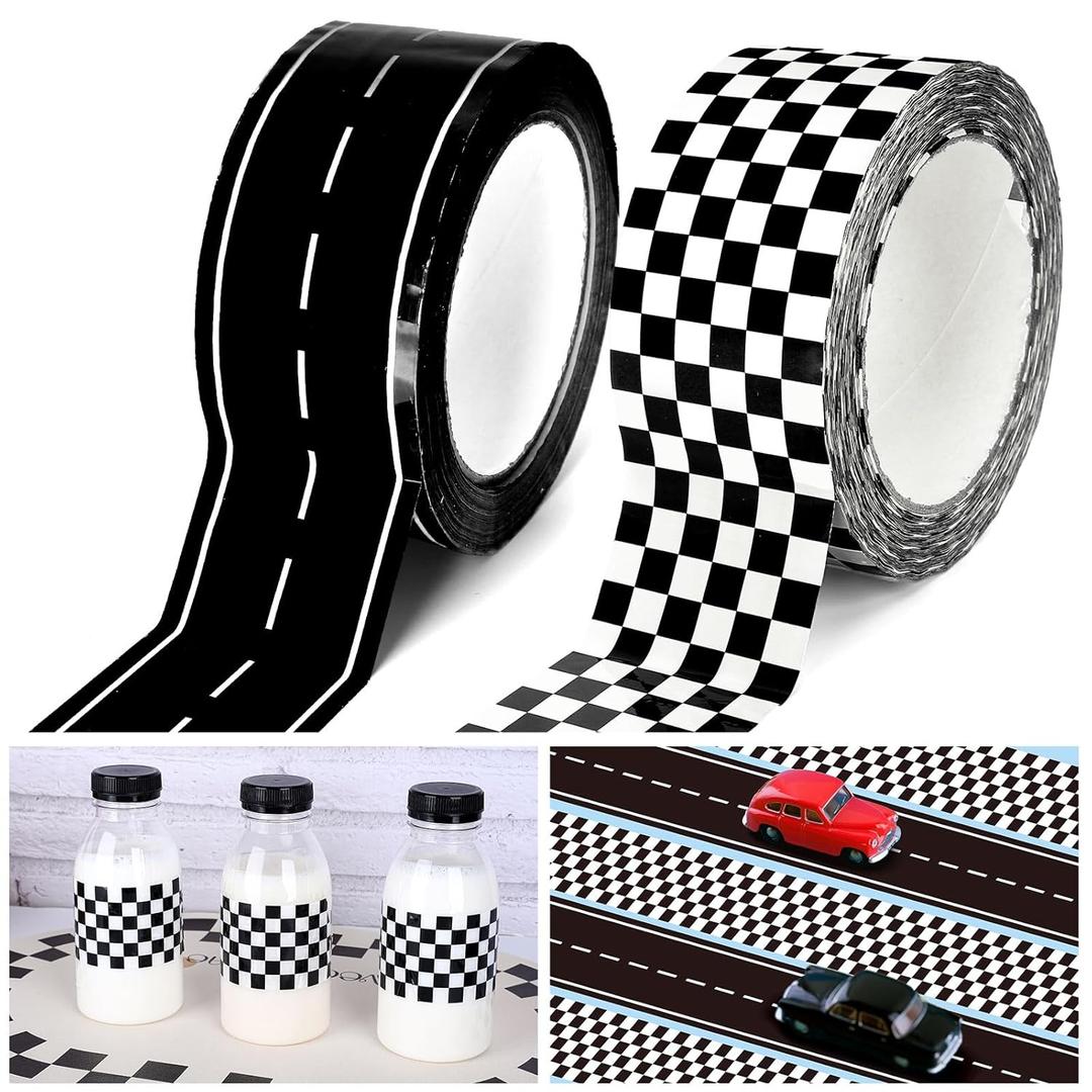 Whaline 220 Yards Checkered Flag and Road Track Tapes Black White Buffalo Tapes Decorative Race Car Road Tapes Packing Tapes for Birthday Scrapbook Box DIY Crafts