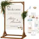Wooden Welcome Sign Stand, Adjustable Sign Holder Stand, Heavy Duty Wood Easel w/ Poster Design Templates & Leather Straps for Wedding, Bridal Baby Shower, Birthday Party, 62" x 30" x 20"