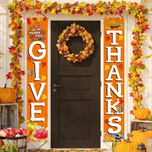 GIVE THANKS Hanging Banner Porch Sign Autumn Pumpkin Maple Leaf Backdrop Flag Fall Harvest Welcome Banner For Indoor Outdoor Wall Door Decoration Thanksgiving Party Decorations 72"x12"