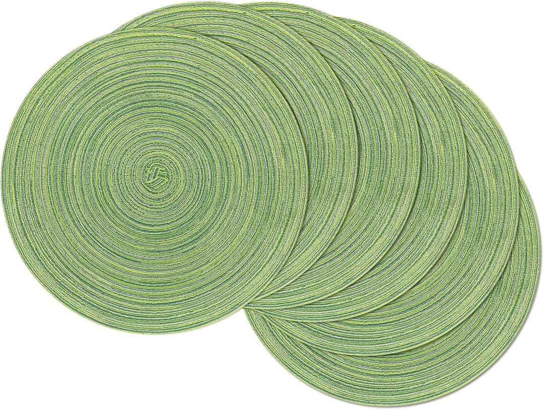SHACOS Round Placemats Set of 8 Washable 15 inch Round Table Mats Braided Non Slip Fabric Place Mats for Dining Table Indoor Outdoor (Mixed Color Pea Green, 8)