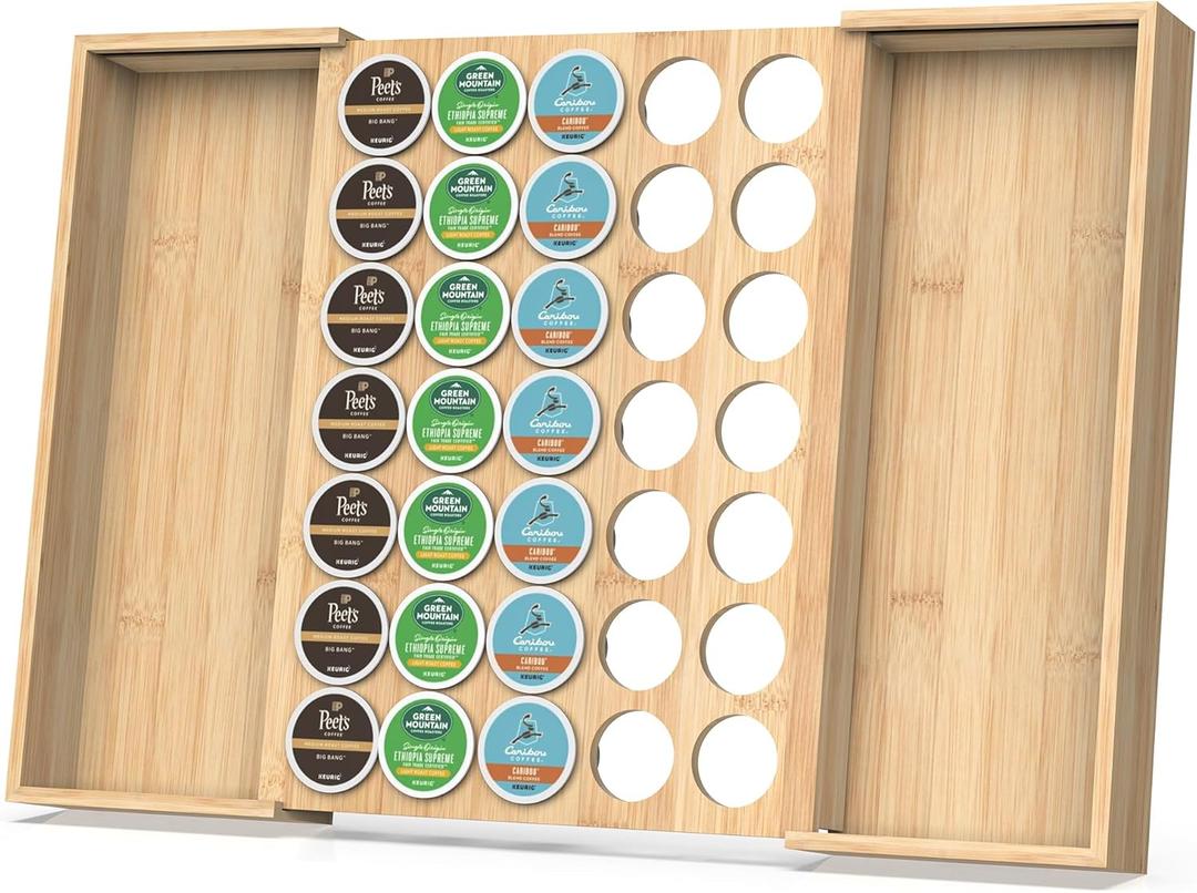 Larger Expandable Bamboo Coffee Pod Holder for Counter Drawer Display, 35 Pod Capacity, K-Cup Pods - Tea Bags Storage Organizer Holder (Bamboo)-11.6"-19.8"Wx15.36"Dx2.37"H