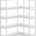 Rolanstar Bookshelf 5 Tier with 4 Hooks, Reversible Corner Bookshelf, 65" Industrial Wooden Bookcase with Open Shelves and Metal Frame for Living Room, Bedroom, Home Office, White
