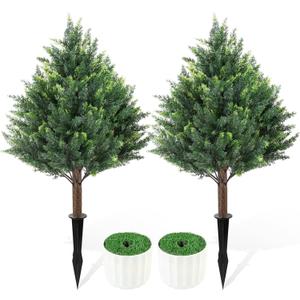 2FT Artificial Cedar Topiary Trees Set of 2 Detachable Planter & Spike, UV Resistant Faux Plants Outdoor and Indoor, Realistic Fake Bushes Pine Tree for Front Porch Decor Patio Offices Green