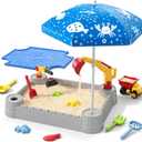 HYES Sandbox with Lid, Digger Excavator Plastic Sand Box with Cover, Play Sand Pit with Construction Toys/Umbrella/Beach Playset for Toddlers 1-3, Indoor Outdoor Sensory Gift for Kids Ages 4-8