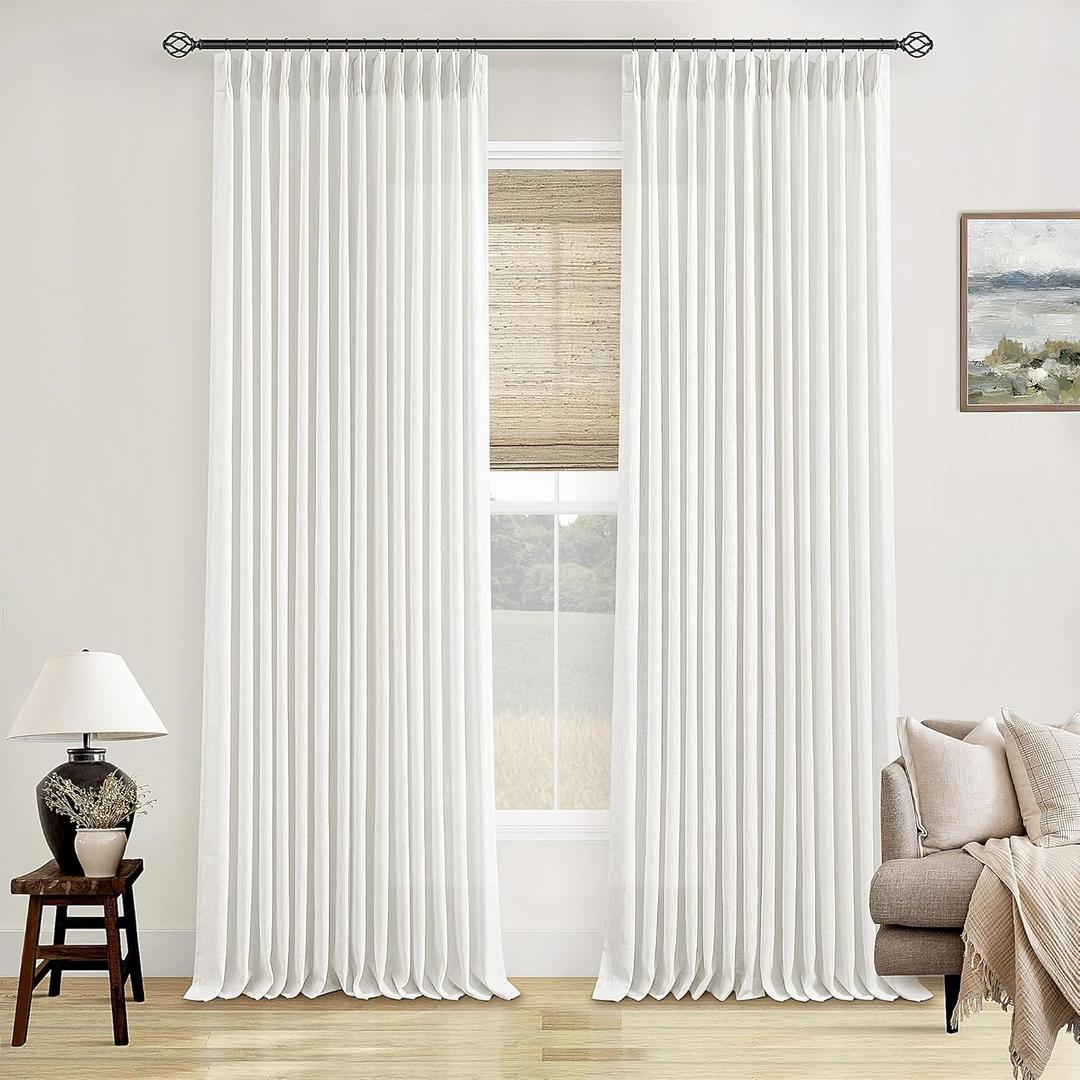 Off White Linen Curtains 102 Inches Long 2 Panels for Living Room Modern Thick Linen Flax Pinch Pleated Memory Trained Light Filtering Ceiling Semi Sheer Curtain with Hook Rings Ivory Beige White