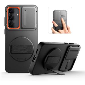 SURITCH for Samsung Galaxy S25 FE Case with 360 Rotatable Hand Strap Phone Grip & Invisible Kickstand & Slide Camera Cover, Rugged Shockproof Protective Cover for S25 FE -Black