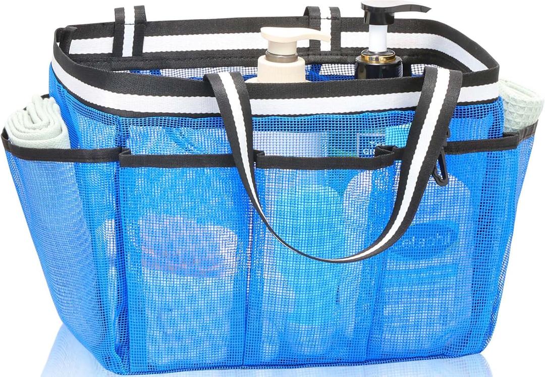 Ocim Large Portable Mesh Shower Caddy Bag Tote for Big Size Shampoo Bottles, Collapsible Quick Dry for College Dorm, Camping, Beach Pool Bathroom, Blue