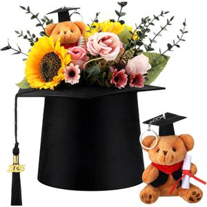 Hoteam Black Graduation Flower Bouquet Grad Centerpiece Graduation Cap Flower Boxes Mini Plush Bear with Grad Hat Floral Arrangements Gift Box Set for Table Ceremony Party Favors Celebration Supplies
