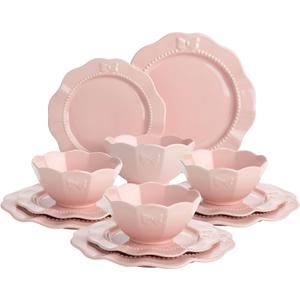 Paris Hilton 11 Piece Dinnerware Set, Embossed Bow Design, Iconic Ceramic Stoneware Service for 4 with Dinner Plates, Salad Plates, and Bowls, Microwave & Dishwasher Safe, Pink