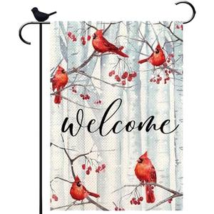 PIPISASA Welcome Winter Cardinal Holiday Christmas Garden Flag for Outside Pine Trees Red Cardinal Birds Seasonal Flag 12x18 Double Sided Farmhouse Small Yard Flags for Outdoor Yard Lawn Decoration, Set of 10