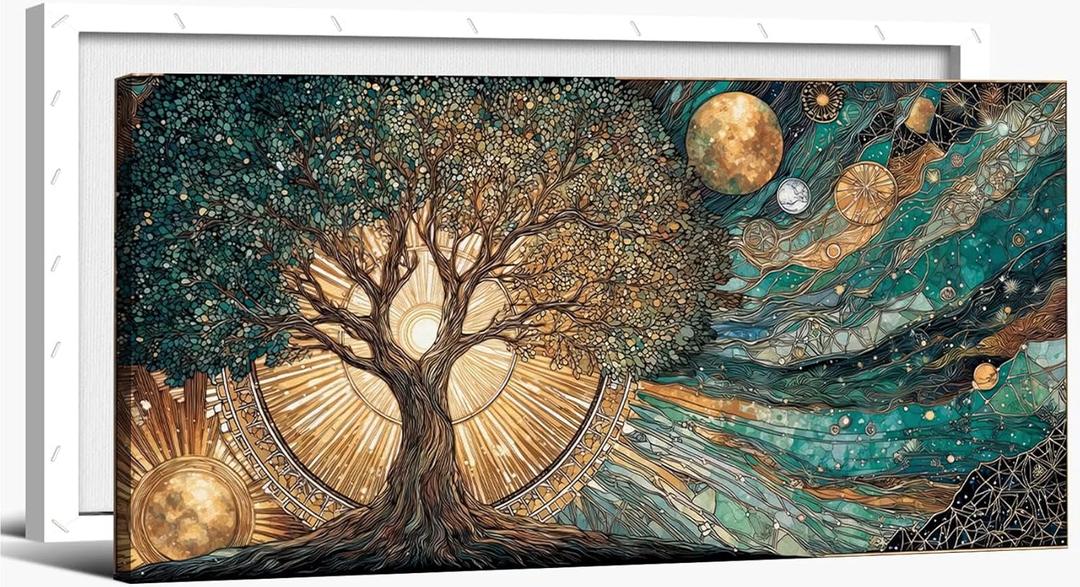 Large Frame Tree of Life Canvas Wall Art Sun and Moon Cosmic Picture Wall Decor Celestial Tree of Life Poster Print for Meditation Corner Yoga Room Living room Bedroom Home Decoration 32x16 In