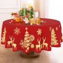 Christmas Round Tablecloth 6060 inch Red Table Cloth Golden Deer Xmas Tree Table Covers Christmas Decoration for Dining Room Home Decor for Holiday