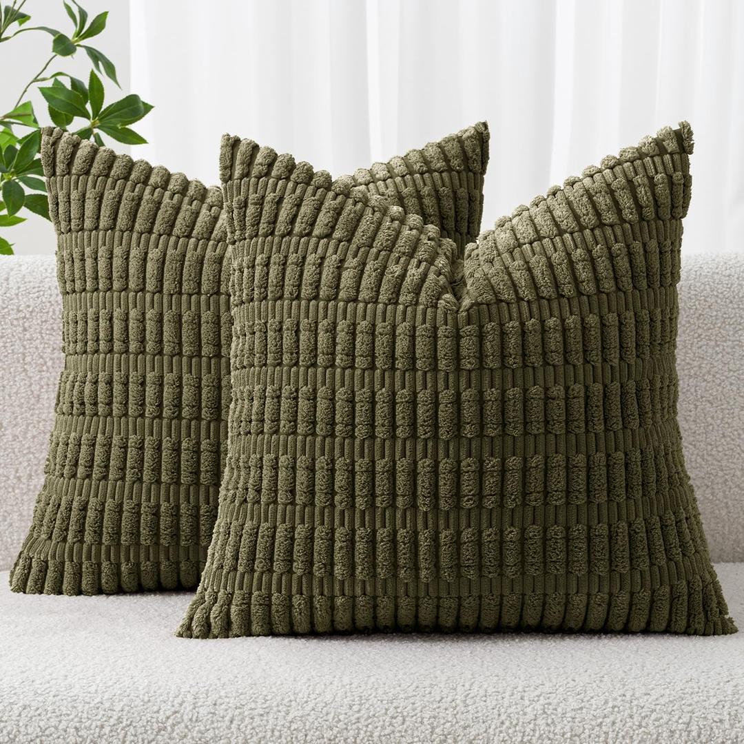 MIULEE Pack of 2 Spring Corduroy Decorative Throw Pillow Covers 18x18 Inch Soft Boho Striped Pillow Covers Modern Farmhouse Home Decor for Summer Sofa Living Room Couch Bed Olive Green