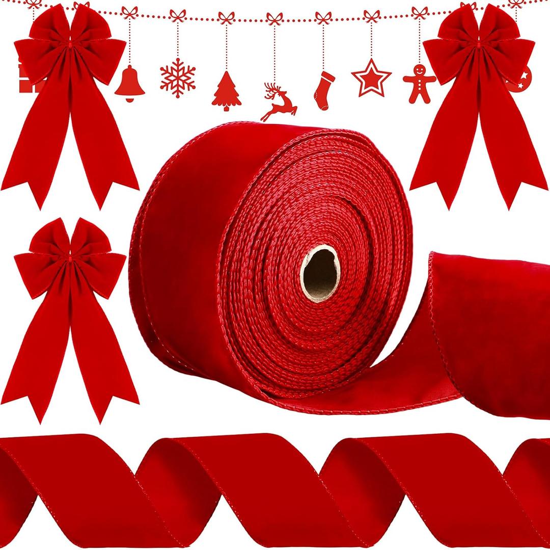 Syhood Christmas Wired Velvet Ribbon with Gold Edge Waterproof Velvet Decoration Ribbon Wrapping for Xmas Wreath Bows Floral Craft Ornaments(2.5 Inch X 20 Yard,Scarlet)