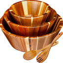 Wooden Salad Bowl Set of 5 - Large Fruit Mixing Bowls with Salad Servers Utensils for Serving Dining Accessory - Handmade - Acacia Wood - Large 12", Medium 10", Small 8"(Round Design)