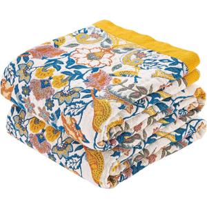 XIBLC Boho Blanket Throw Quilt, 100% Cotton Soft Light Weight Throw Blankets for Summer, 60"x80" Farmhouse Flower Decorative Blankets, All Season Rustic Reversible Bohemian Throw Quilt