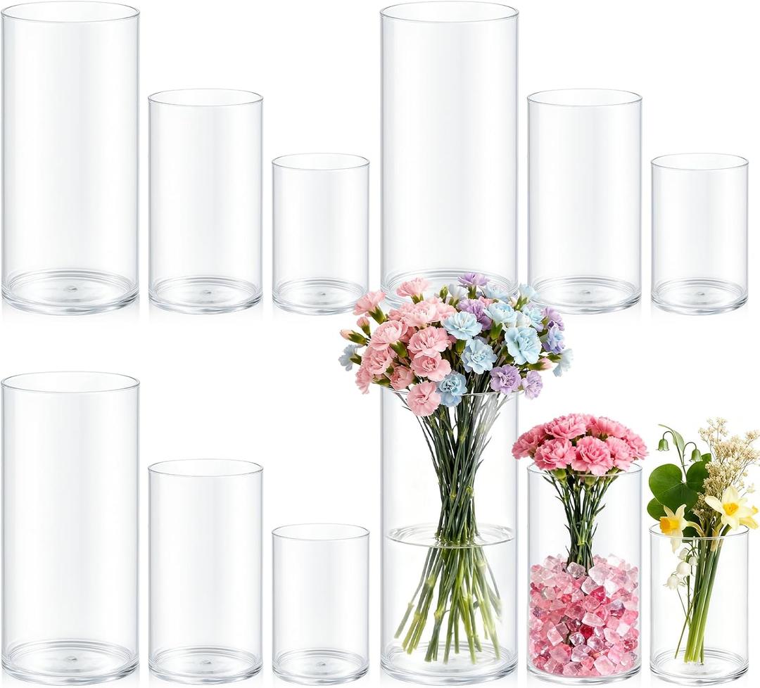 12 Pack Cylinder Vases for Centerpieces 4, 6, 8 Inch Tall Acrylic Cylinder Clear Flower Vase Set Home Decor Centerpiece Table Clear Flower Vase Decorations for Table Shelf, Party, Wedding