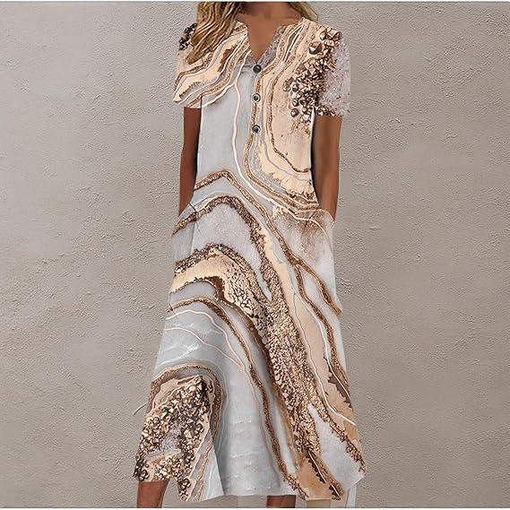 Akivide Womens Short Sleeve Summer Boho Floral Maxi Dress Casual Loose Beach Dresses with Pockets, XL