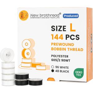 New brothread 144pcs Type L Size (SA155)(96White+48Black) Prewound Bobbin Thread Plastic Side for Commercial & Home Embroidery and Sewing Machine-90 weight Cottonized Soft Feel Polyester Sewing Thread