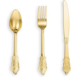 N9R 120PCS Gold Plastic Silverware, Disposable Silverware Include 40 Forks, 40 Spoons, 40 Knives, Gold Cutlery Set Disposable for Party, Wedding and Daily Use