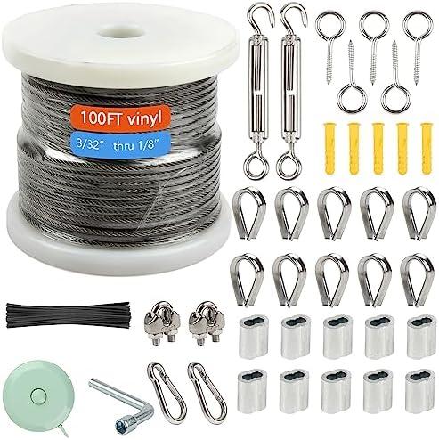 Shineyoo 1/8" Wire Rope Kit - Steel Wire, 100FT Turnbuckles for Cables, Vinyl Coated Stainless Steel Cable for Outdoor, Garden, Kitchen, Craft