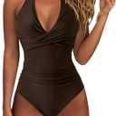 SUUKSESS Women Sexy Tummy Control One Piece Swimsuits Halter Push Up Bathing Suits (Size Small, #1 Dark Brown)