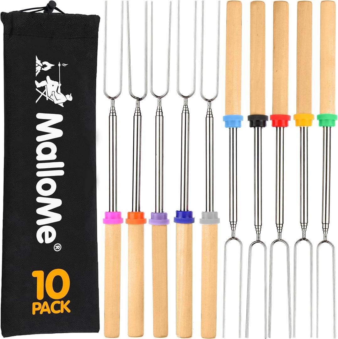 MalloMe Smores Sticks for Fire Pit - Accessories for Campfire Marshmallow Roasting Sticks Smores Kit Outdoor - Smore Skewers Hot Dog Fork For Outside, Camping Essentials Bonfire Gear Long 32" 10 Pack