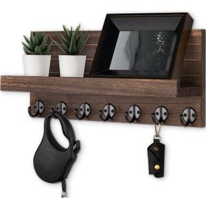 Lwenki Key Holder Wall Mount, Entryway Key and Mail Holder with 7 Sturdy Hooks for Sunglasses, Dog Leash, Decorative Wall Shelf with Mounting Hardware, 15W x 6.7H x 4.2D (Brown)