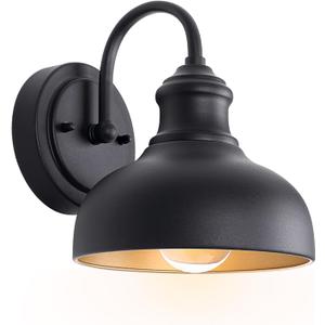 Black Outdoor Gooseneck Lighting for Barn 7 Inch Farmhouse Exterior Light Fixtures with Wall Mount, Small Porch Light with Brass Interior, Outside Gooseneck Wall Sconce for House Garage Patio