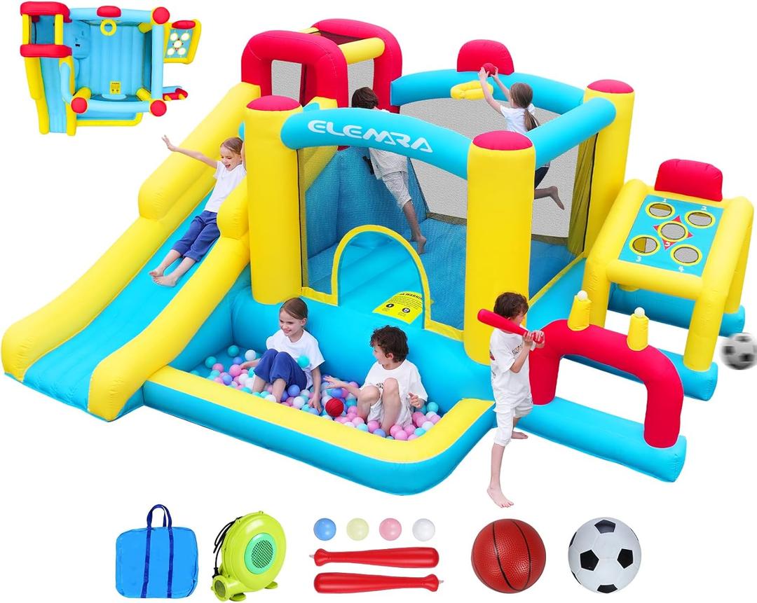 ELEMARA XL Inflatable Bounce House, 7 in 1 Bouncy House with Blower, Kids Bounce House with Slide,Jumping Area,Baseball/Soccer Area,Basketball Hoop,Climbing Wall, Jumping Castle for Indoor/Outdoor