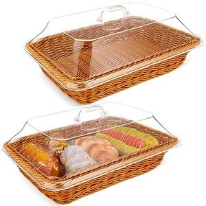 Mumufy 2 Pack Thanksgiving Wicker Large Bread Basket for Serving with Acrylic Lid Woven Rectangular Imitation Rattan Fruit Basket with Cover Food Display Tabletop Christmas Kitchen(13.78x9.84'')