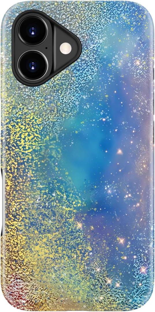 DorisMax for iPhone 17 Case - Wireless Charging Compatible - Dual-Layer Hard Shell + Silicone Cover - Shockproof Protective Phone Case with Stylish Designs for Women - Abstract Blue Gold