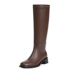 Modatope Women's Knee-High Boots Heel Fall Boots for Women 2025 Brown Below Knee Boot Riding Square Toe Chunky Heeled Tall Long Leather Boot Size 9