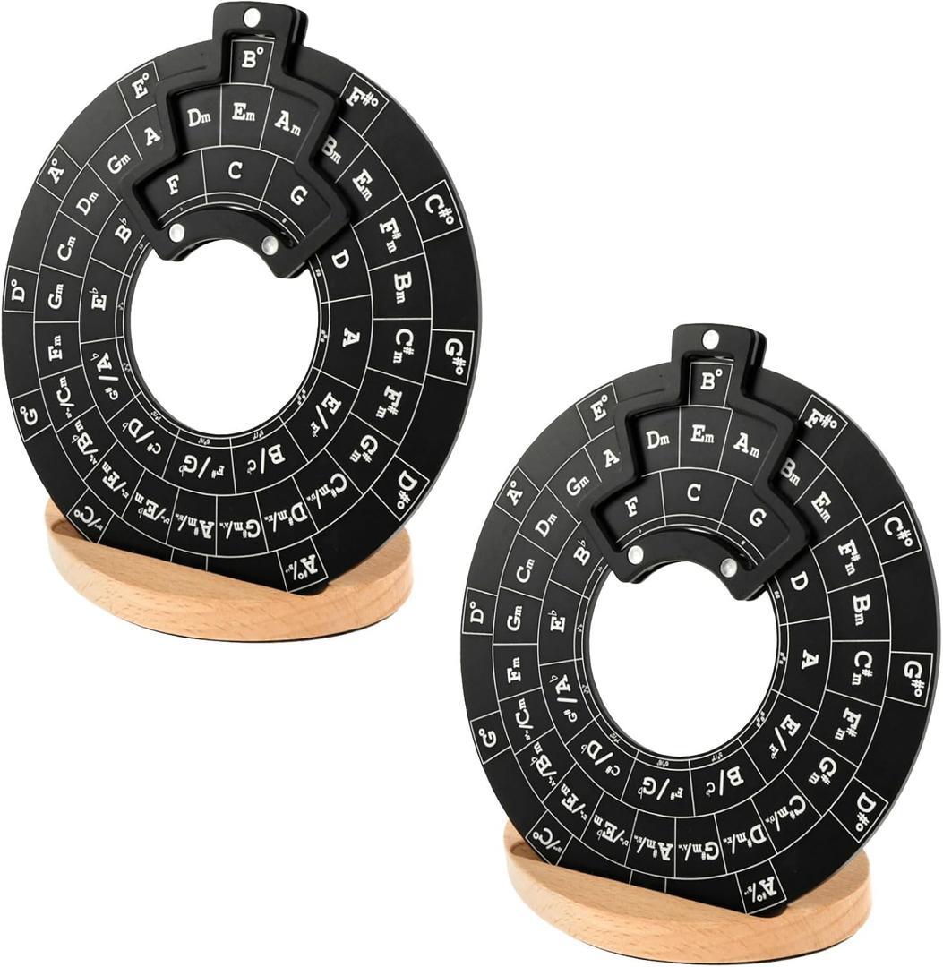 2 Pack Circle of Fifths Wheel Metal with Wooden Stand, Guitar Music Theory Disc Circle of Fifths Easy to Use Circle of Fifths Portable Circle of Fifths Wheel for Musicians Songwriting