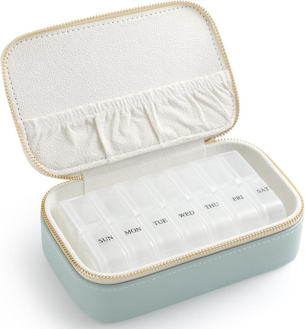 Genuine Leather Travel Pill Organizer Box Case 2 Times a Day for Purse for Women, Cute Medicine Pill Holder Containers for Vitamin Medium Weekly Daily 7 Day Am Pm Pill Organizer(Cyan)