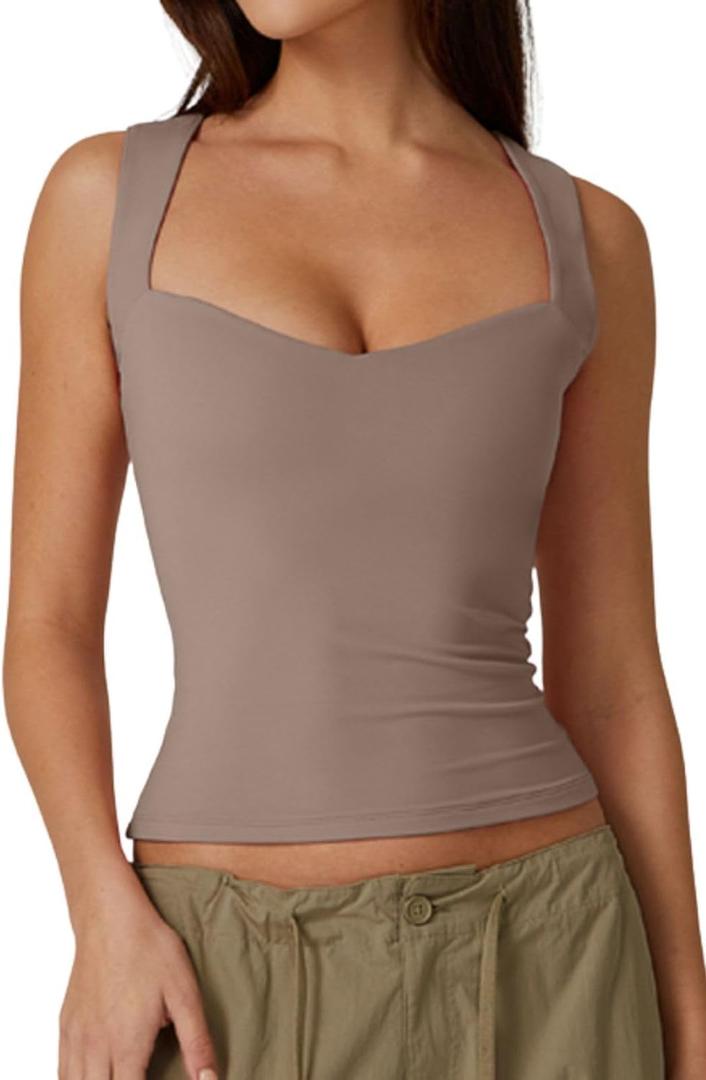 QINSEN Women's Sweetheart Neck Sleeveless Crop Tank Form-Fitting Wide Strap Top for Casual Active Wear (XS)