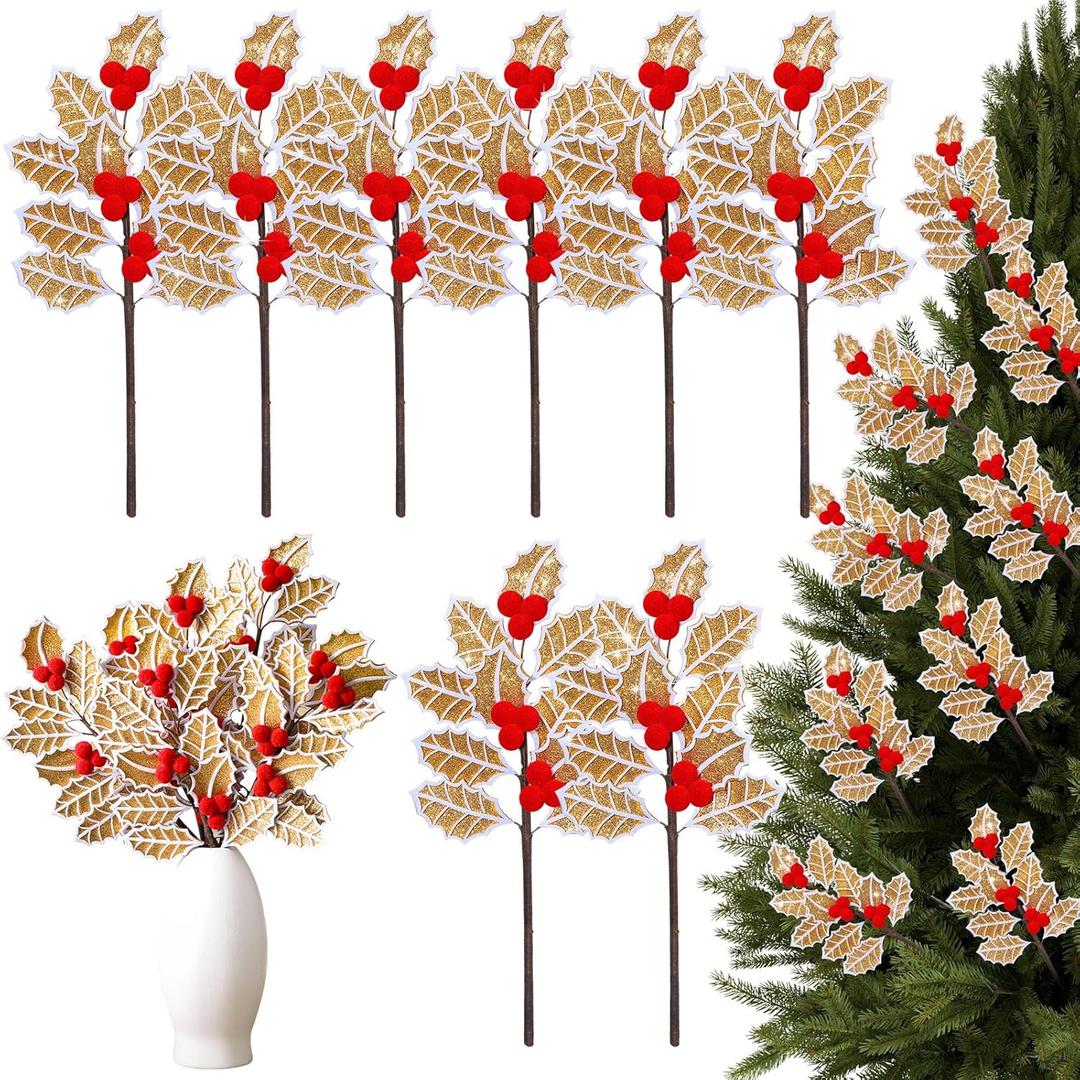 Janinka 8 Pcs Christmas Gingerbread Poinsettia Picks Tree Topper Picks with Berries Gingerbread Poinsettia Flower with Gold Glitter 11.8 Inches Christmas Tree Ornaments for Xmas Home Vase Decor
