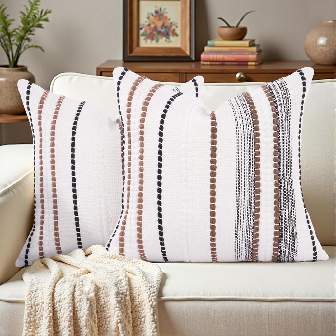 Boho Throw Pillow Covers 18x18 Set of 2, Soft Chenille Striped Decorative Cushion Covers for Couch Sofa Bedroom Living Room, Neutral Brown Black White