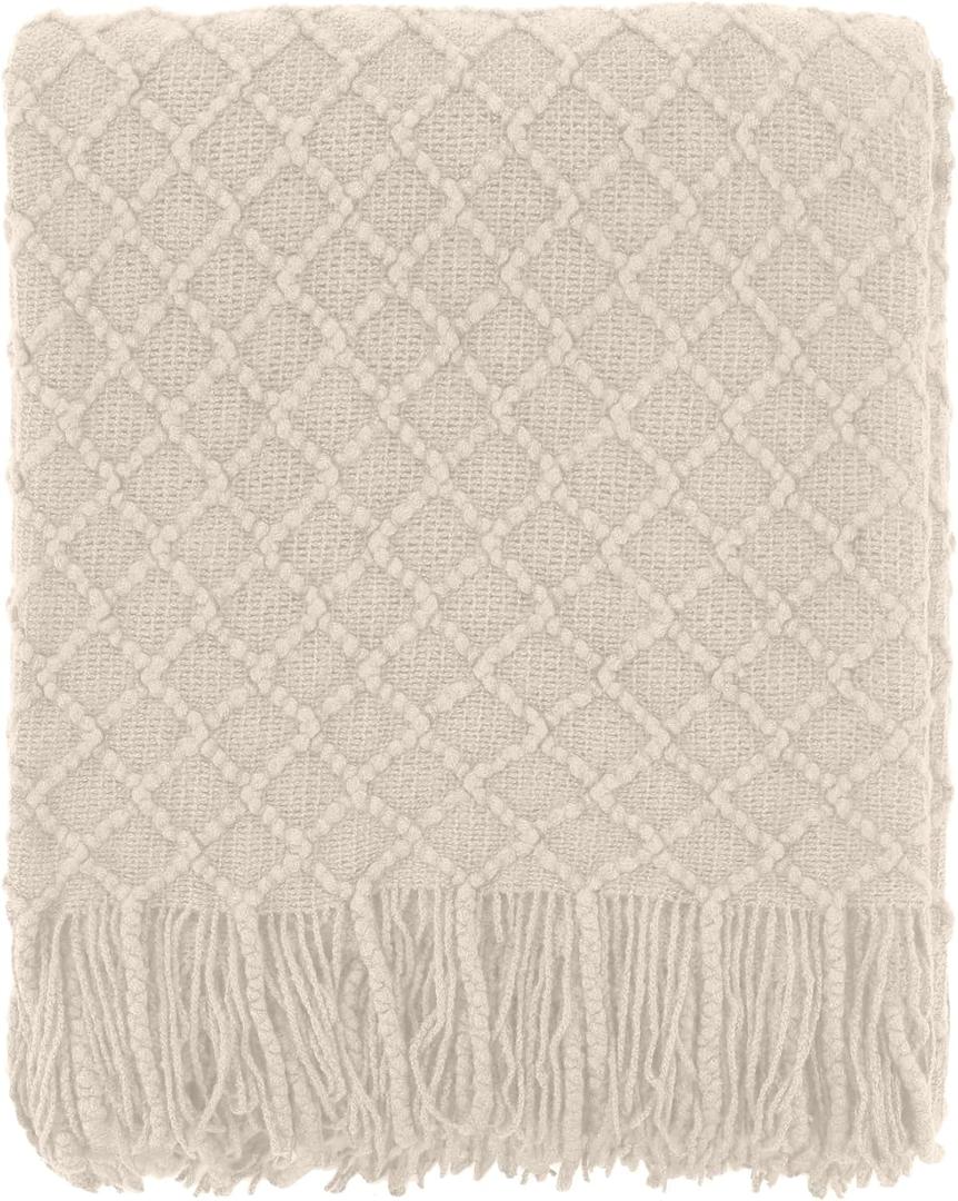 CREVENT Farmhouse Boho Knitted Throw Blanket for Couch Sofa Chair Bed Home Decoration, Soft Warm Cozy Light Weight for Spring Summer Fall (60''X80'' Beige)