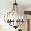 18 Wood Farmhouse Chandelier, 6-Light Vintage Rustic Oak Brown Pendant Lights for Kitchen Island Lighting for Hallway Entryway Foyer Living Room Bedroom (Black)