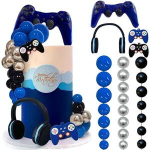 30 PCS Video Game Themed Cake Toppers - Headset, Ball, Controller Cake Decoration for Game Theme Birthday Party (Blue)