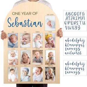 Leinuosen 33 x 22 Inch My First Year Photo Board 12 Monthly Picture Frame with DIY Name Felt Letters 1st Birthday Decorations Gifts for Boy Girl Newborn Keepsake, Fits 4 x 6 Photos(Blue)