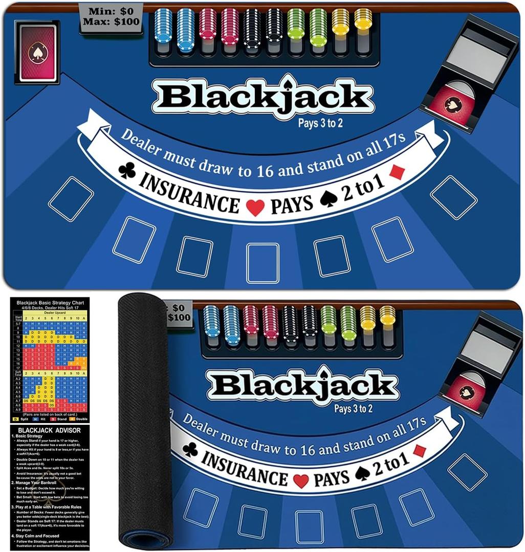 70" x 35" Blackjack Table Mat, Non-Slip Rubber Backing Waterproof Tear Resistant Blackjack Mat, Casino Style Tabletop Layout for Home Game Nights Parties Card Tables, Fits 6-8 Players