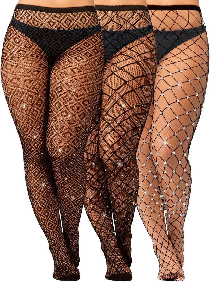 Geyoga 3 Pair Plus Size Fishnets Thigh High Stockings Sparkly Rhinestone Tights Stockings Glitter High Waist Tights for Women (X-Large, Black)