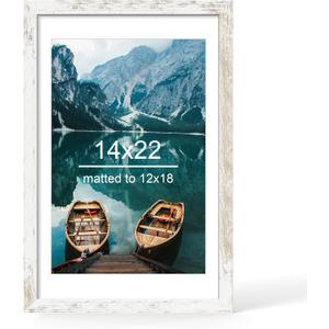 14x22 Picture Frame, Distressed White Wood Style - Display Posters 12 x 18 with Mat or 14x22 without Mat, Wall Mounting Horizontal and Vertical, 1 Pack
