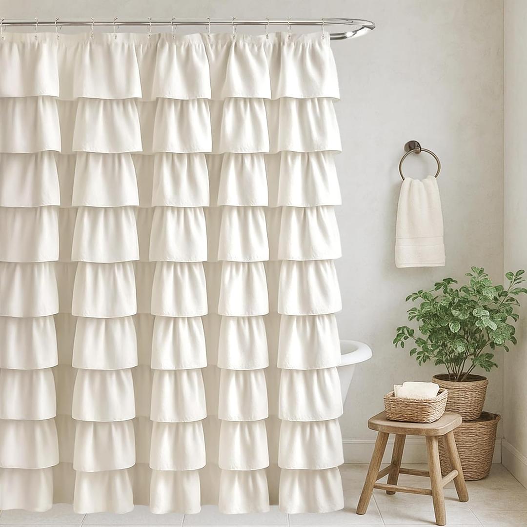 Seasonwood Ruffle Shower Curtain Cream Farmhouse Vintage Handcrafted Rustic Decorative Fabric Shower Curtains for Bathroom, 72" x 72"
