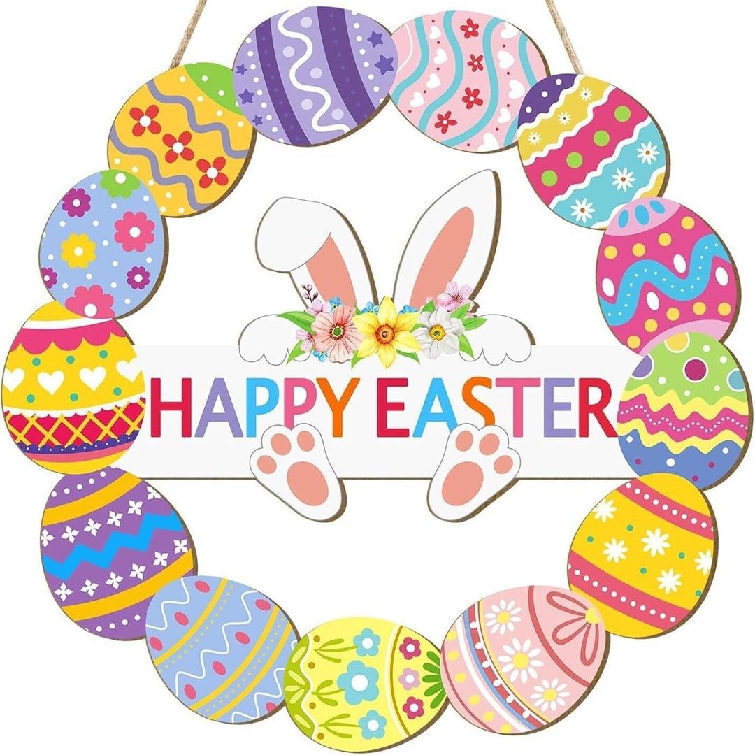 Easter Egg Bunny Decoration Door Wreath for Front Door Sign Wall Signs Rabbit Spring Decoration Welcome Hanging for Home Wall Decor Party Outdoor Indoor Happy Easter