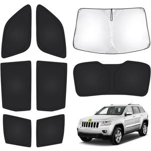 T TGBROS Custom Fit for Sun Shades 2011-2021 Jeep Grand Cherokee Windshield & Rear & Side Windows & Triangular Window Sunshade Full Set Blocks UV Rays Foldable 8pcs